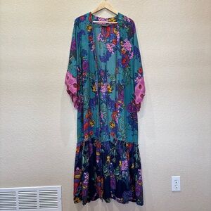 Anthropologie Jewel Tone Floral Kimono Maxi Duster Size XS/S Bohemian Whimsigoth